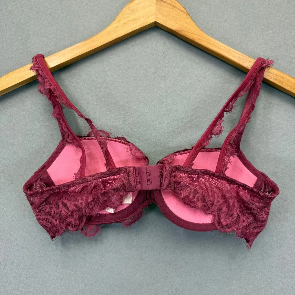 Victorias Secret PINK Date Push-Up Bra 32B Burgundy Floral Lace Underwire Padded